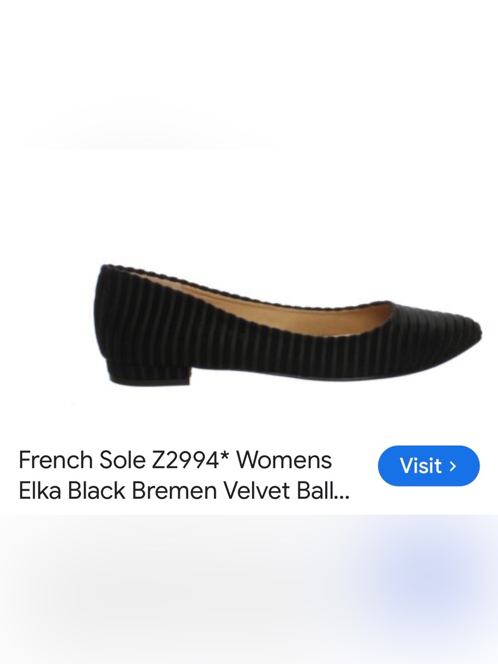 French Sole Black Ribbed Velvet Pointed Ballet Flat